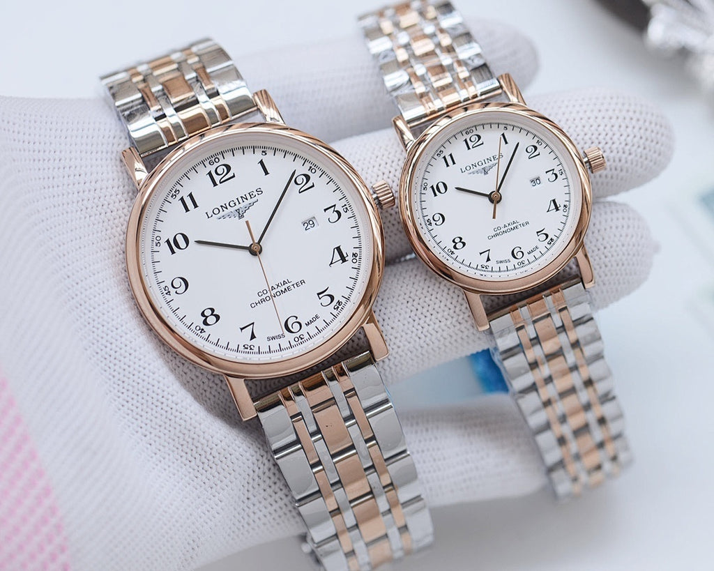 Two-tone watches with white dials and metal bracelet straps