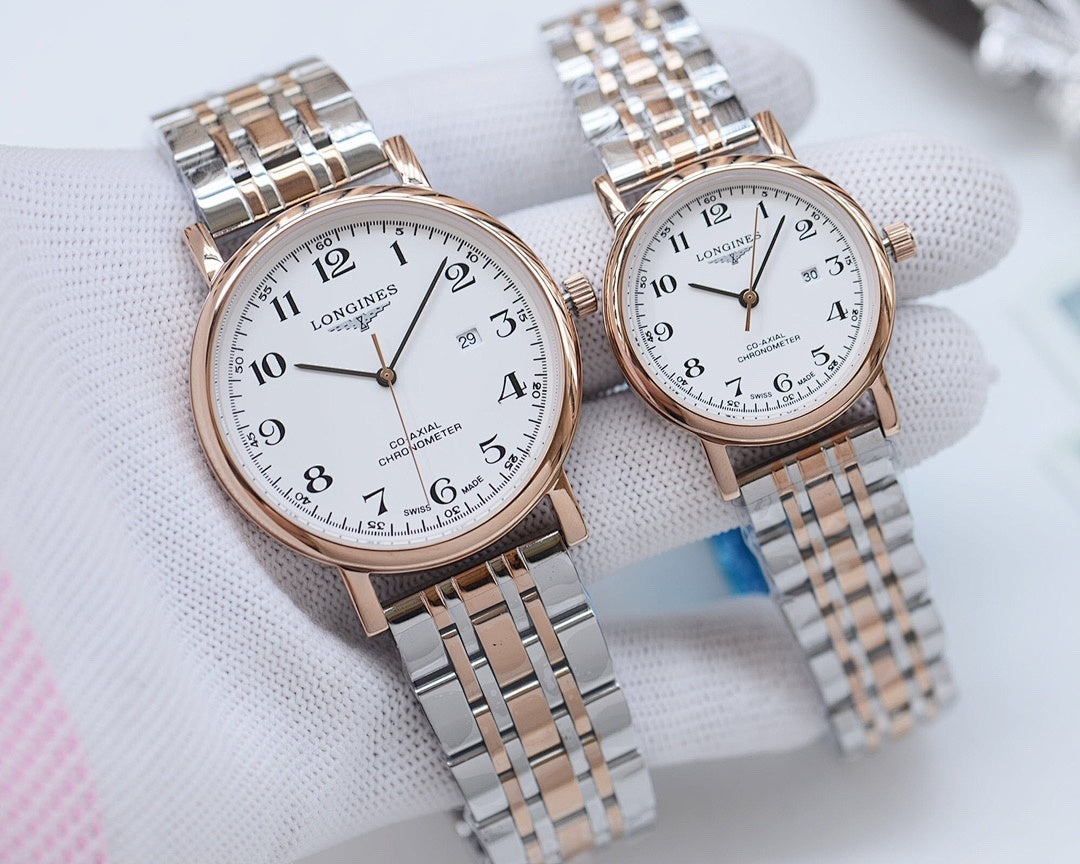 Two-tone watches with white dials and metal bracelet straps