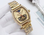 Gold-tone rectangular wristwatch with diamond bezel, light dial and visible gears, red hand.