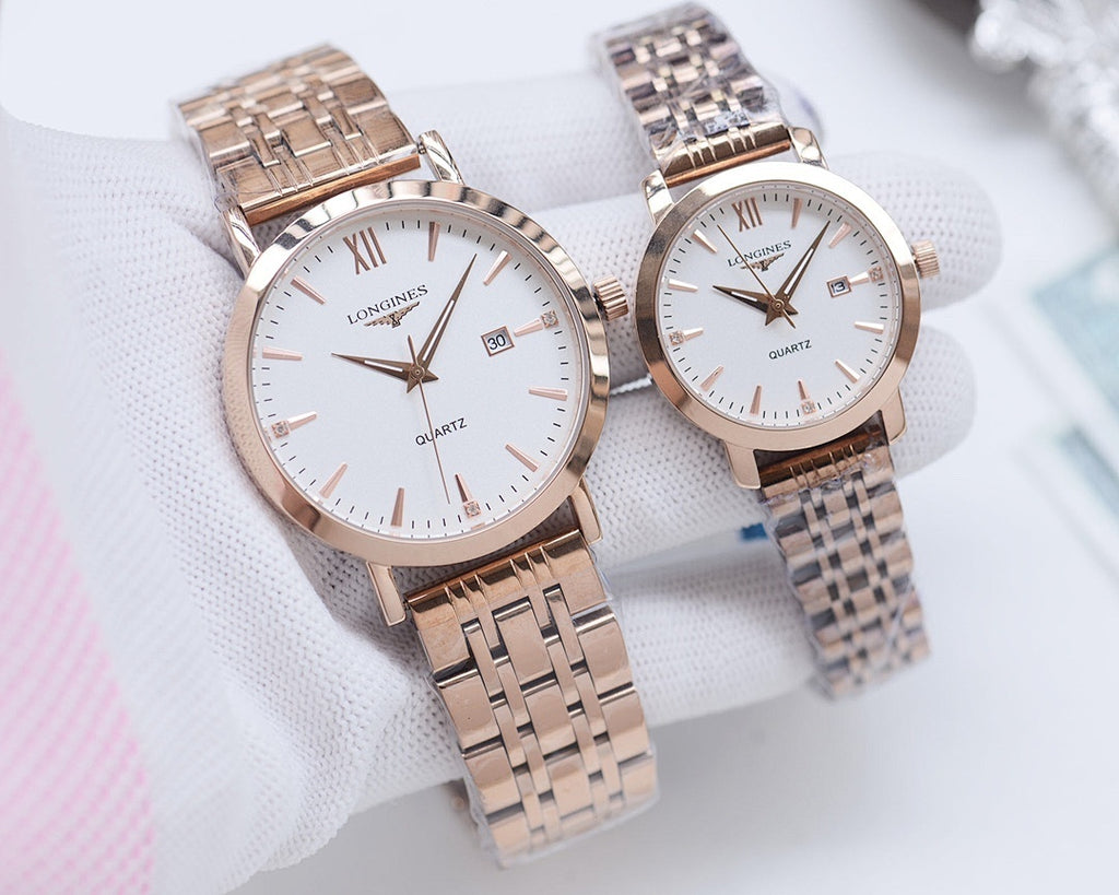 Quartz wristwatch with white dial, rose-gold case, stainless steel bracelet