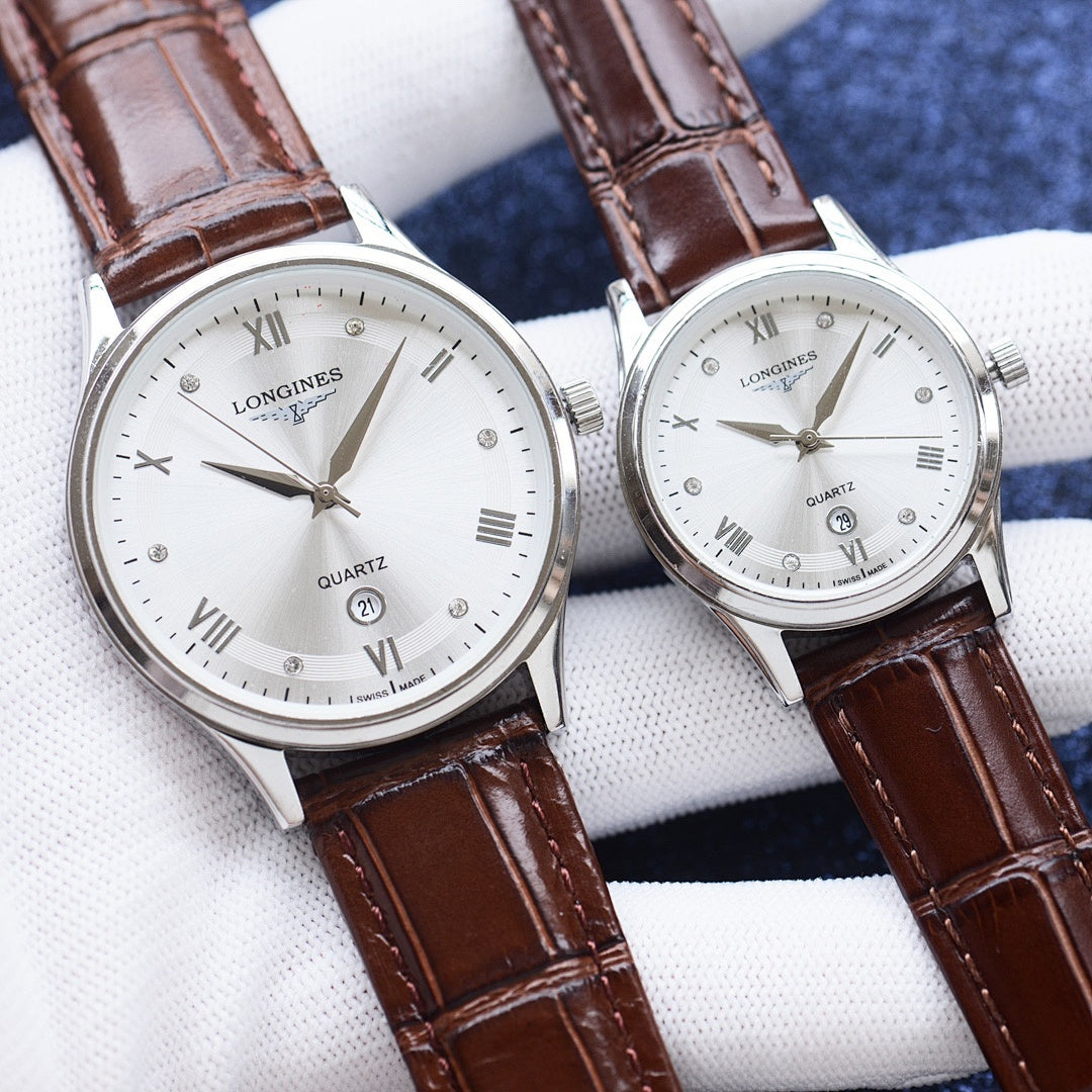 Longines quartz wristwatch pair with white dials and brown leather straps, silver-tone cases
