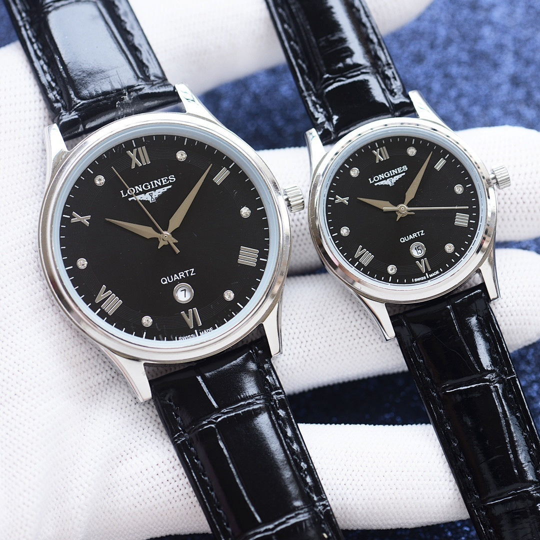 Longines quartz wristwatch pair with black dials and black leather straps, silver-tone cases
