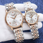 Longines steel wristwatch pair with rose-gold cases, white dials, metal link bracelets
