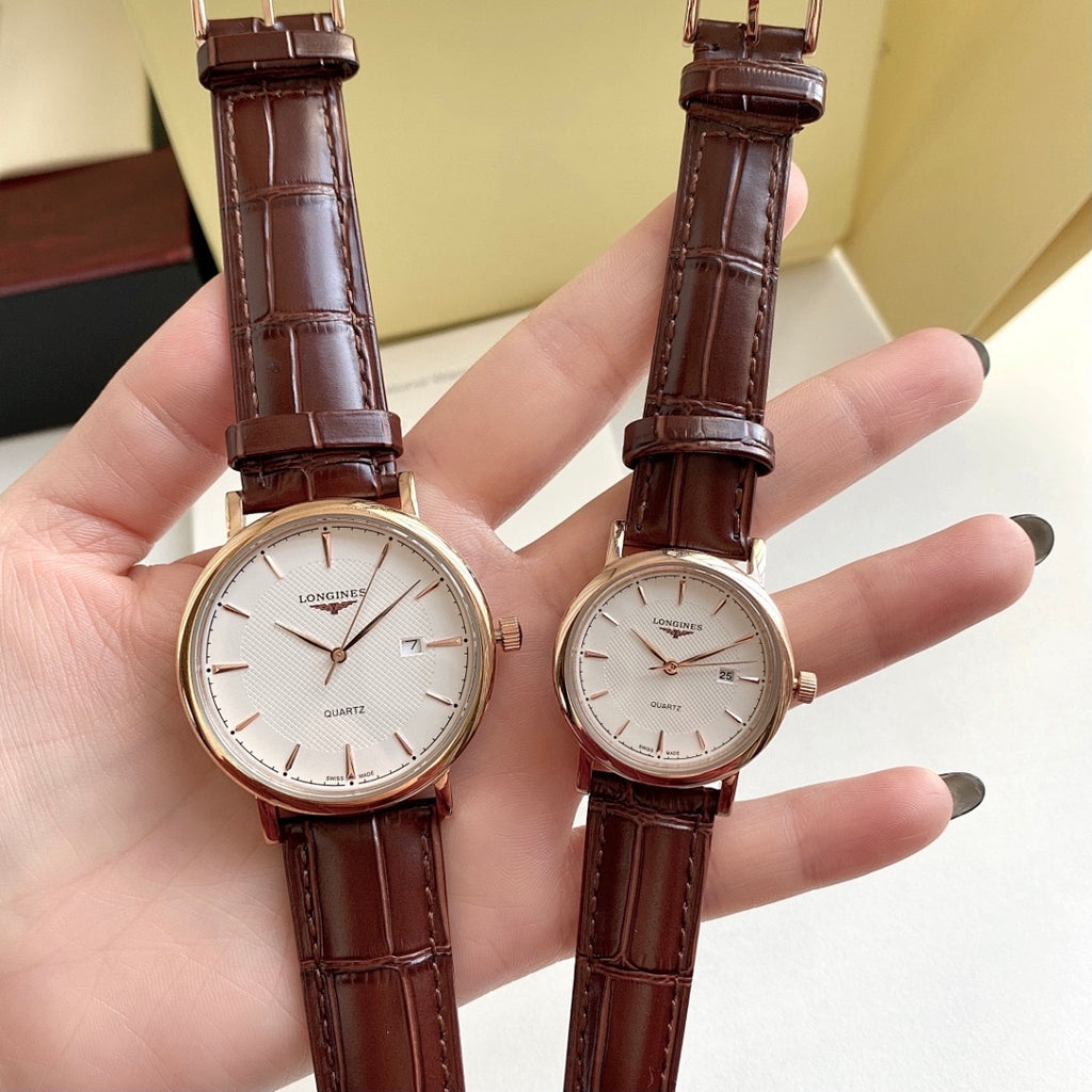 Longines wristwatch with brown leather strap, white dial, two watches side by side