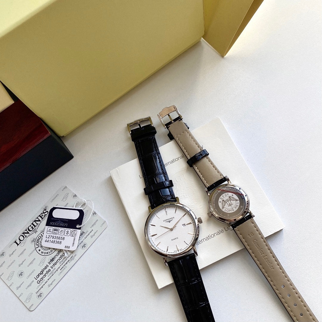 Longines wristwatch set: black and beige leather straps, white dials