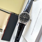 Longines wristwatch with black leather strap and silver case, black dial
