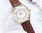Gold-accent analog watch with brown leather strap and white dial, gold crown and bezel.