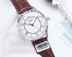 Silver analog watch with brown crocodile leather strap and white dial, crown and markers visible.