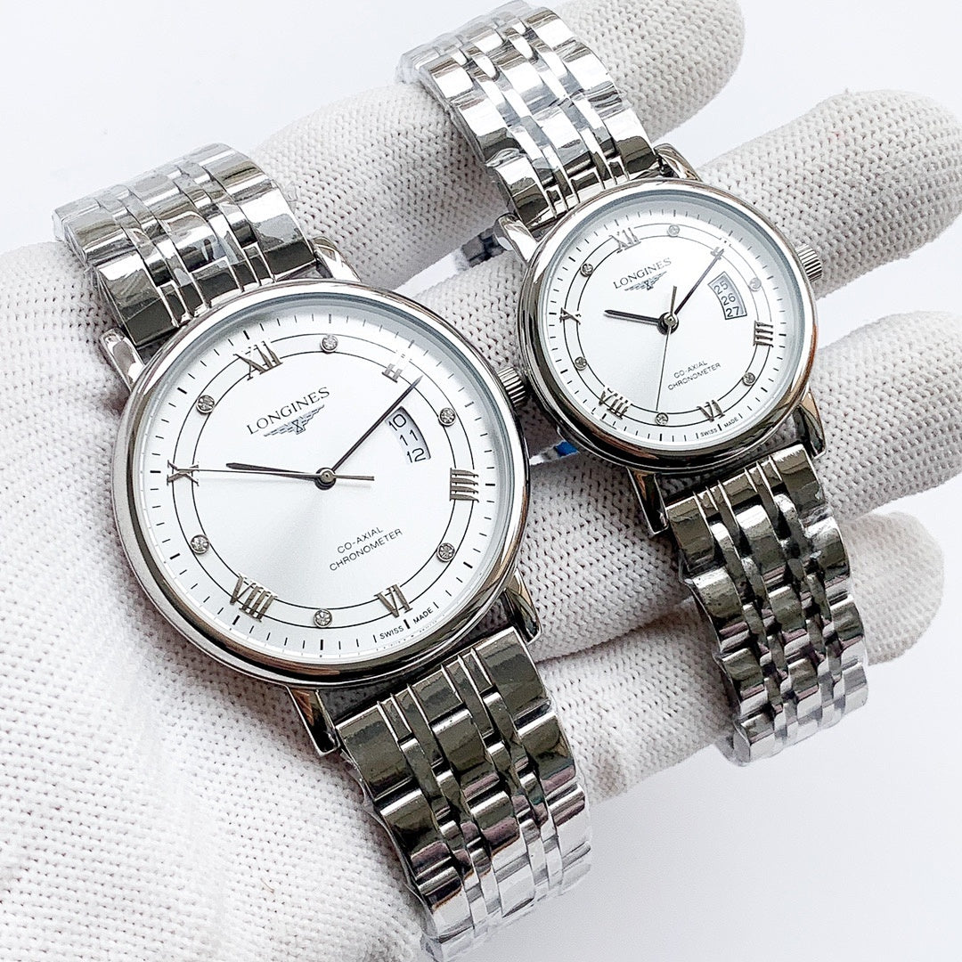 Longines watch with silver metal bracelet, white dial, Roman numerals and date window.
