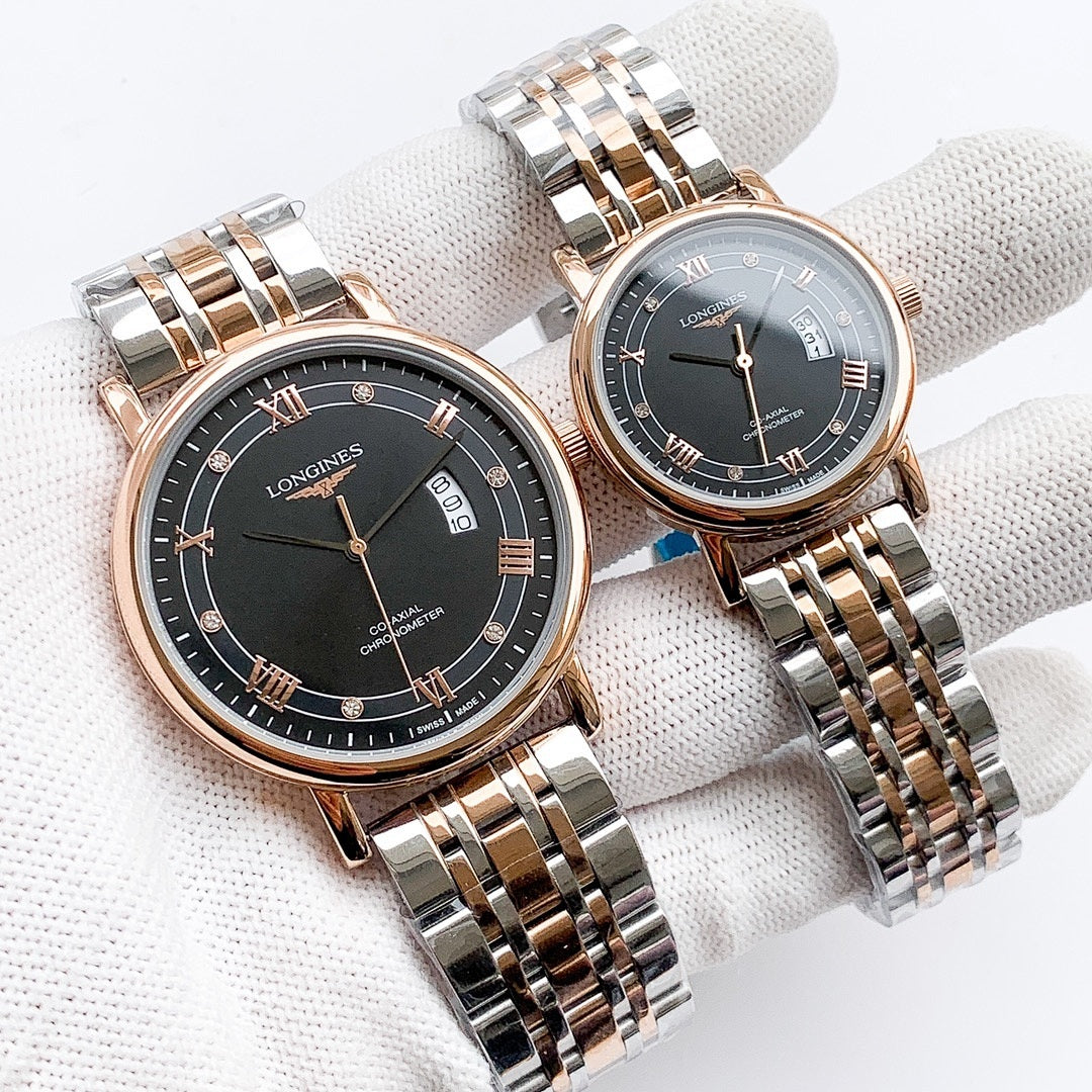 Longines watch with silver metal bracelet, dark dial, rose-gold bezel and date window.