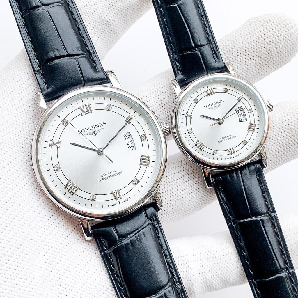 Longines watch with dark leather strap, white dial, Roman numerals and date window.