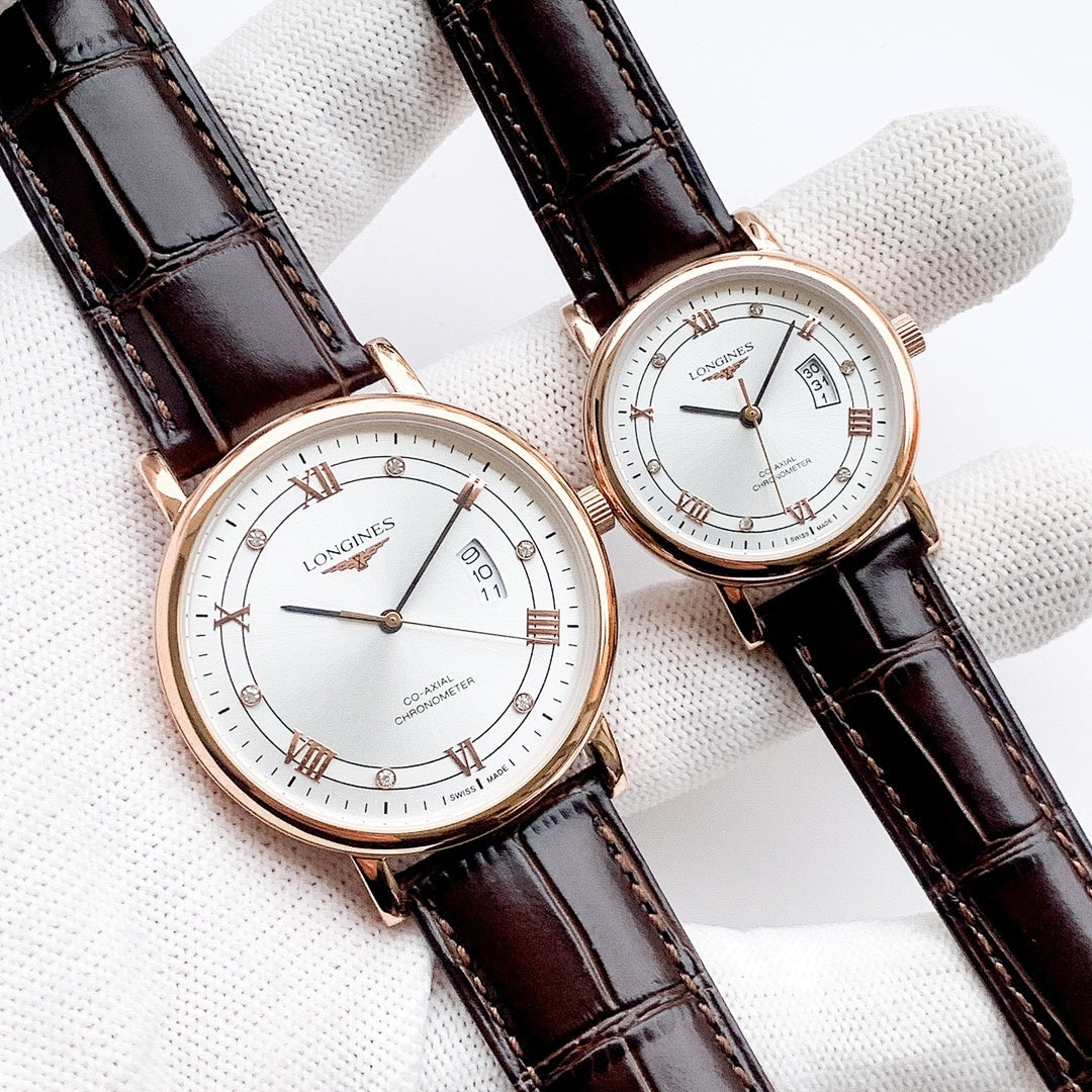 Longines watch with brown leather strap, white dial, Roman numerals and date at 3 o'clock.