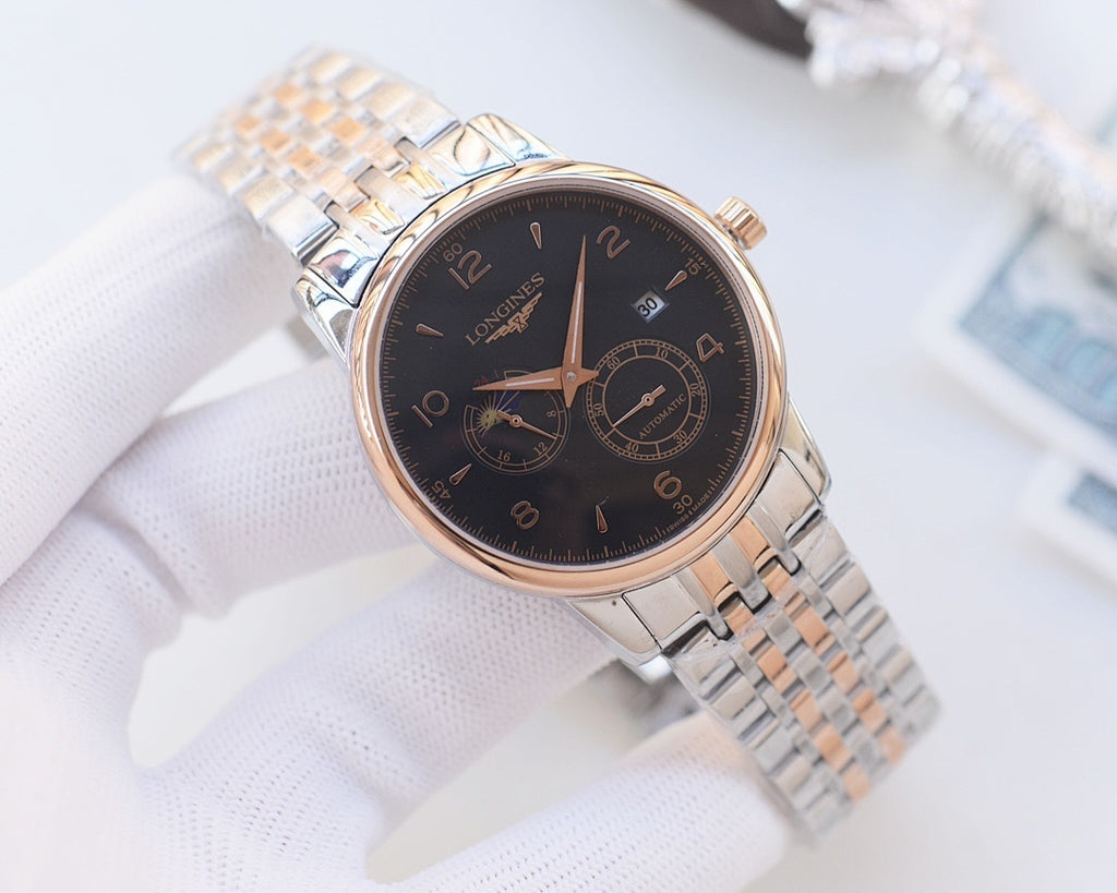 Longines wristwatch with dark dial and silver mesh bracelet, rose-tone hour markers