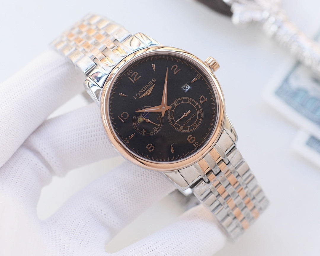 Longines wristwatch with dark dial and silver mesh bracelet, rose-tone hour markers