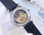 Longines watch caseback with exposed mechanical details and blue leather strap