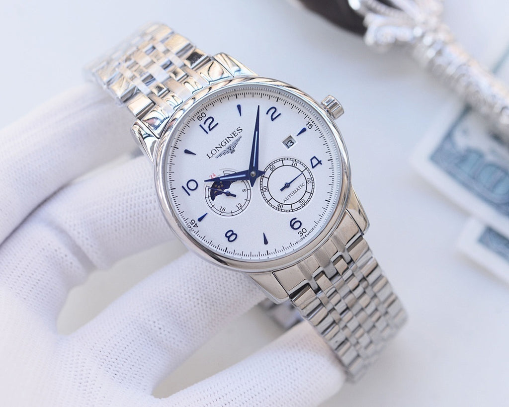 Longines wristwatch with silver bracelet, white dial with blue hands and subdials
