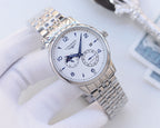 Longines wristwatch with silver bracelet, white dial with blue hands and subdials