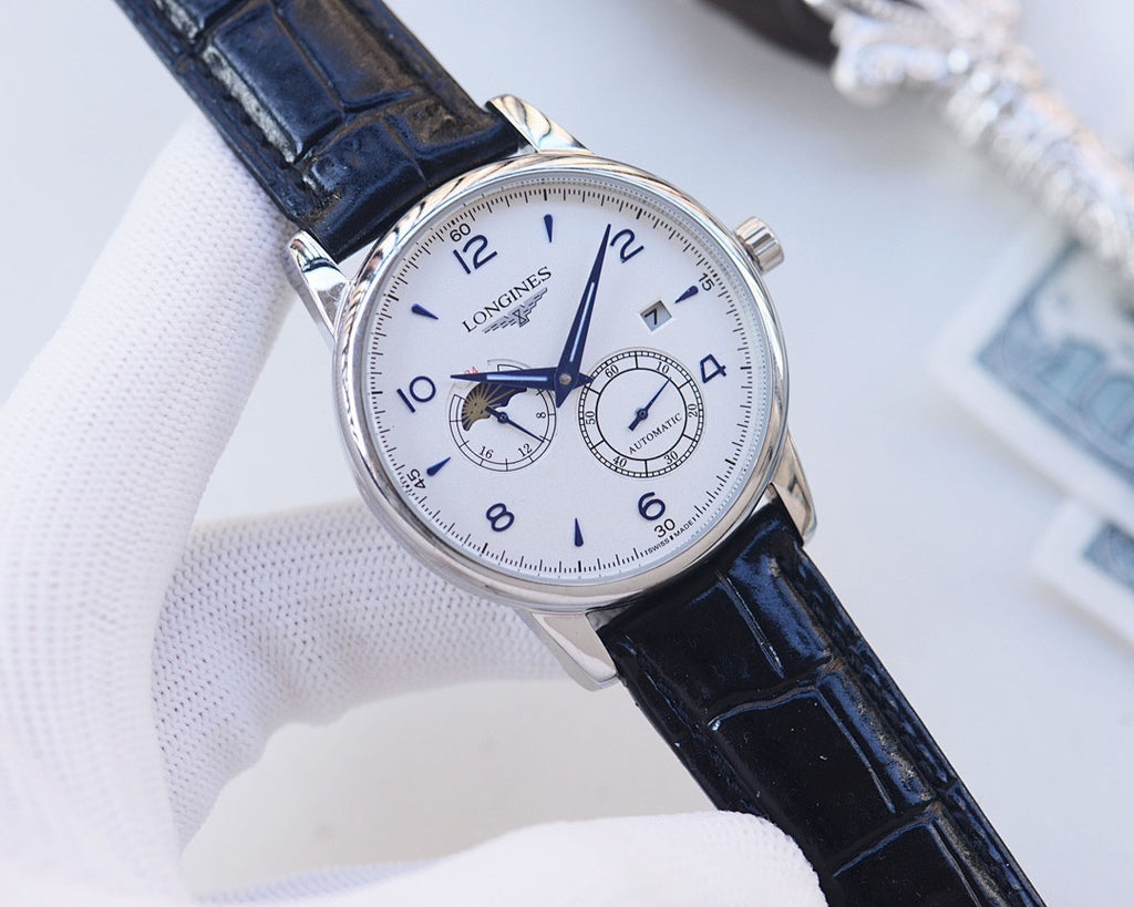 Longines wristwatch, blue dial and blue leather strap with chronograph subdials