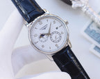 Longines wristwatch with white dial, blue leather strap and blue chronograph subdials