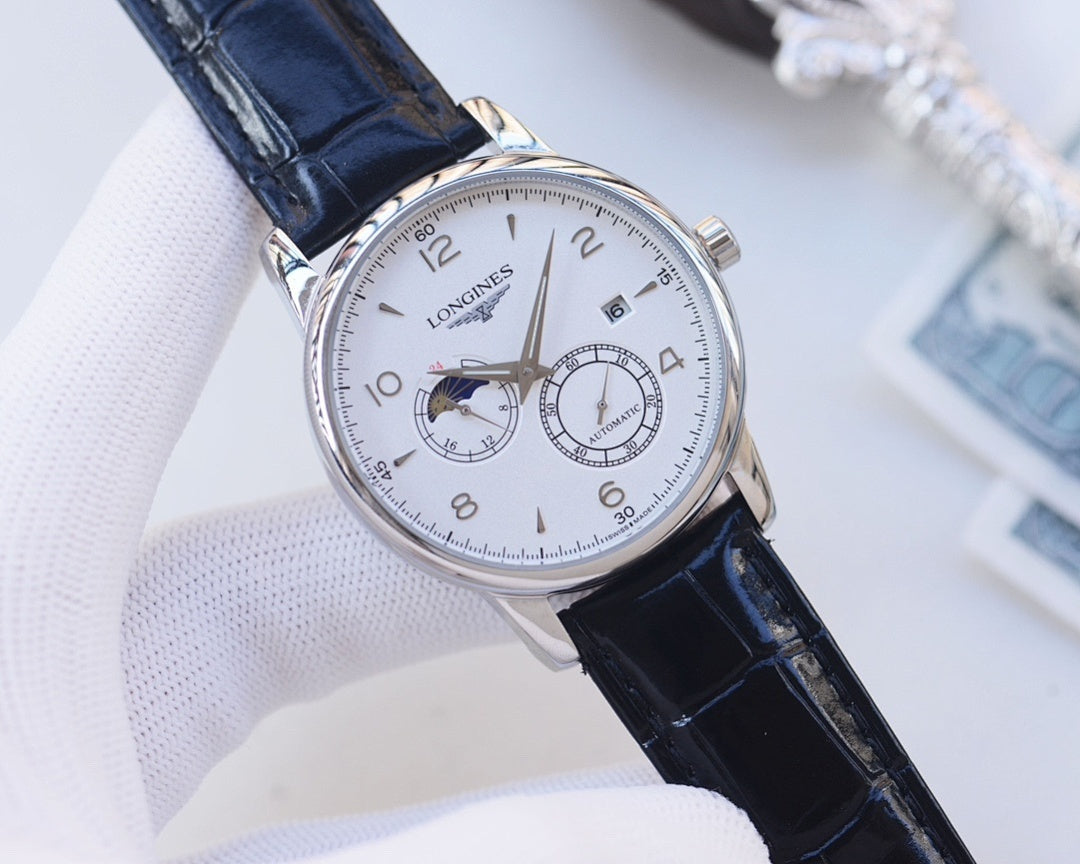 Longines wristwatch with white dial, blue leather strap and blue chronograph subdials