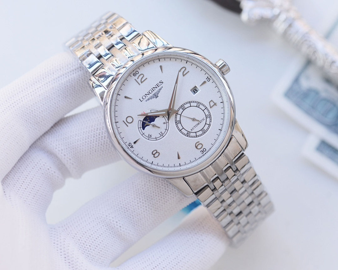Longines wristwatch with silver mesh bracelet and white dial with chronograph subdials