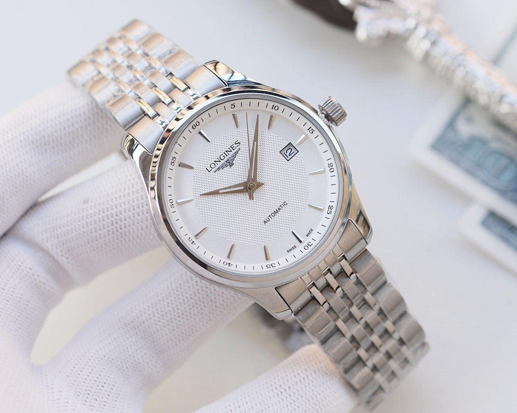 Longines two-tone automatic wristwatch with white dial and baton hour markers