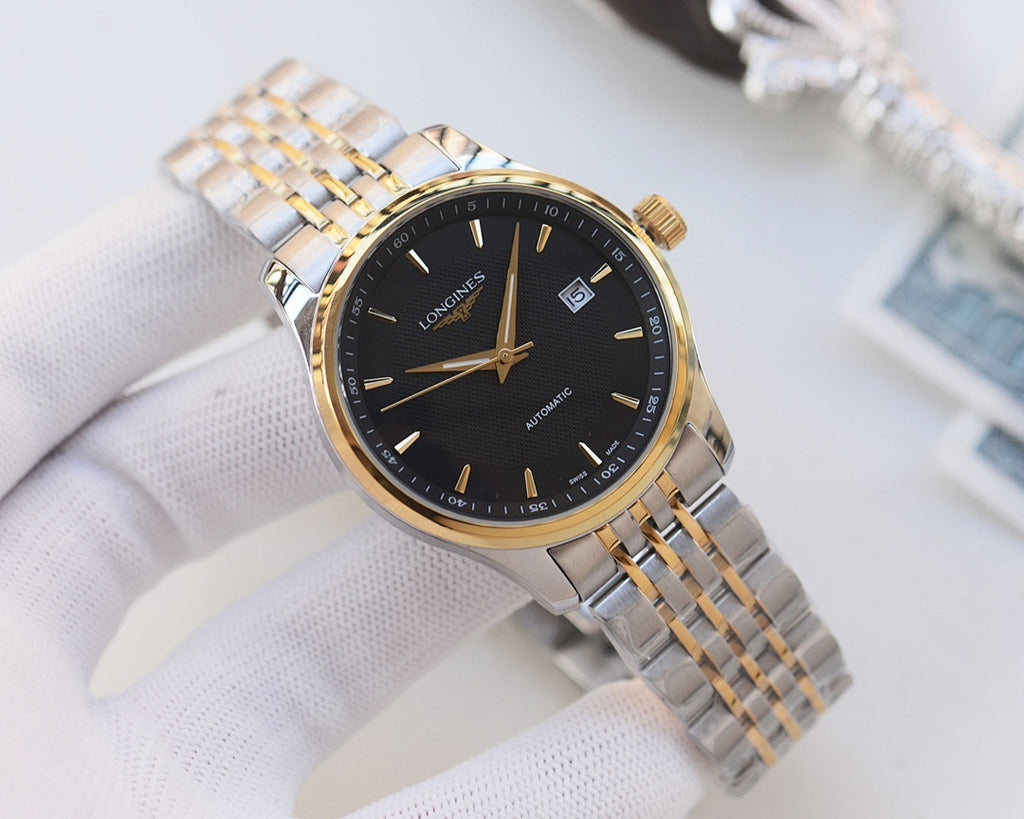 Longines two-tone automatic wristwatch with dark dial and gold hour markers