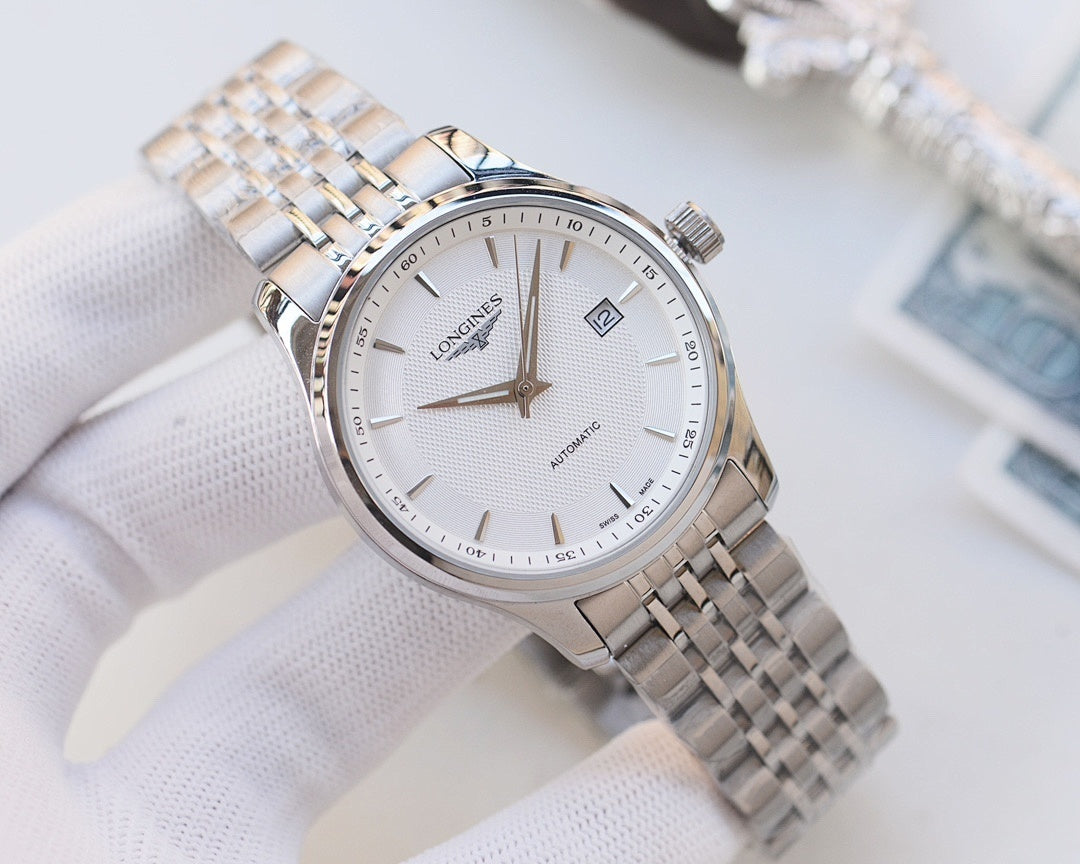Longines two-tone automatic wristwatch with white dial and diamond-shaped logo
