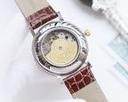Longines automatic watch with open caseback and brown crocodile-style leather strap