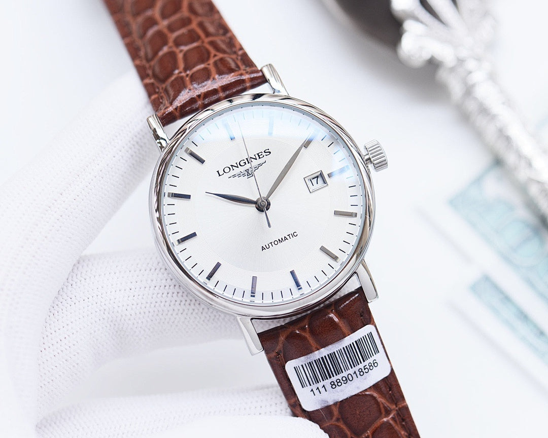 Longines automatic watch with white dial, brown leather strap, steel case