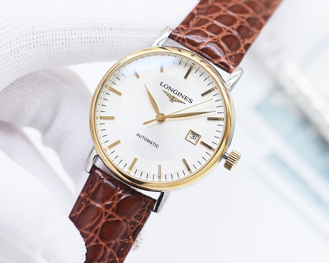 Longines automatic watch with white dial, brown leather strap, gold-tone bezel