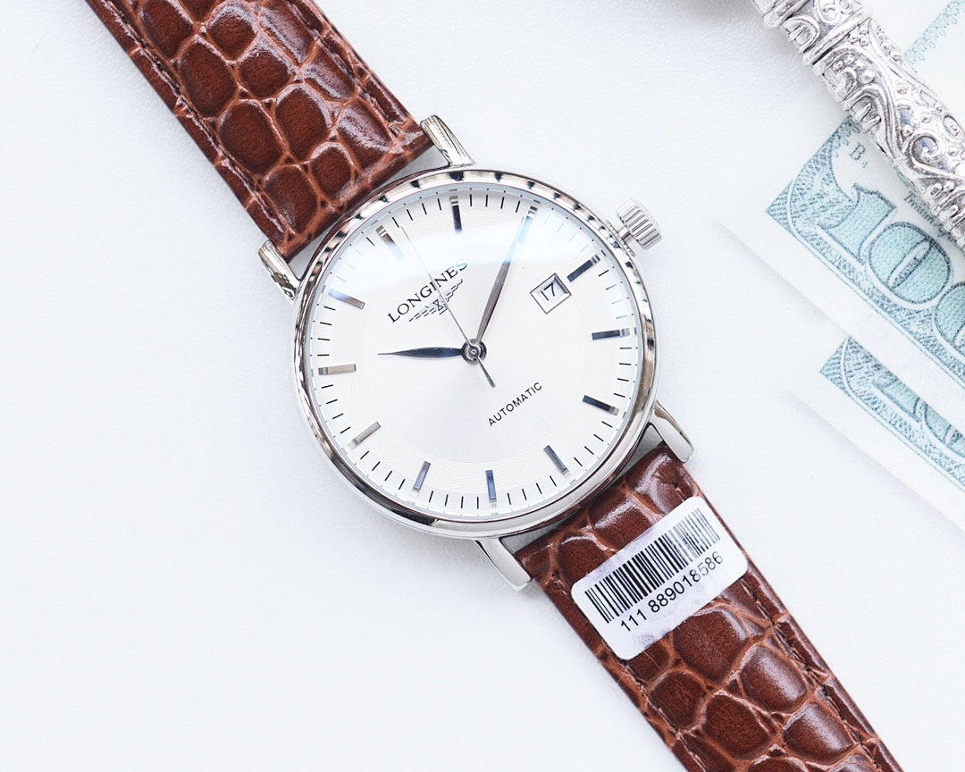 Longines automatic watch with white dial, brown crocodile-style strap and date window