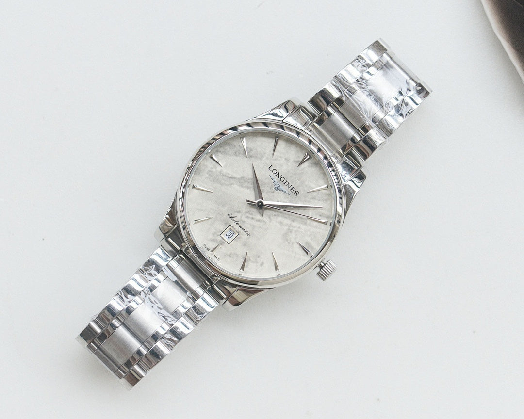Silver Longines wristwatch with white dial and stainless steel bracelet, round face