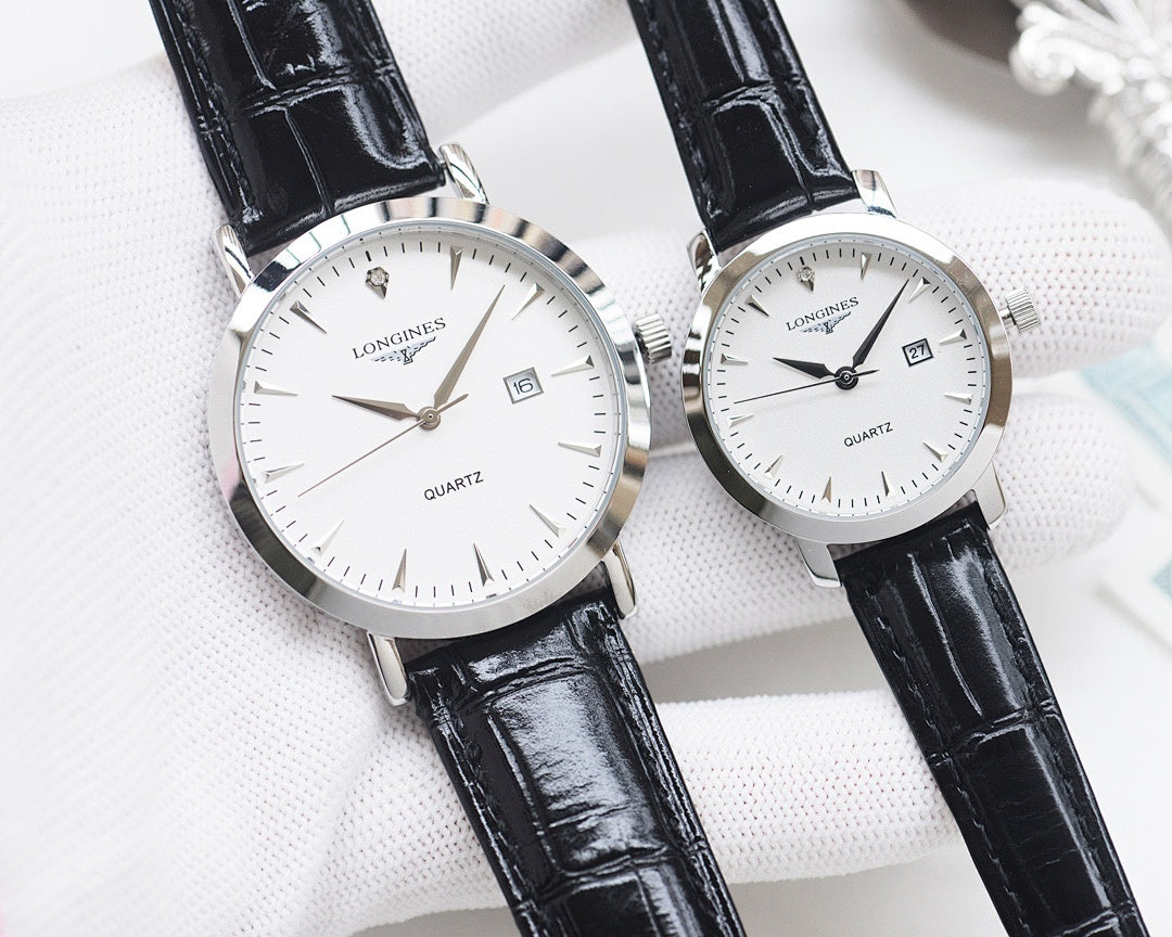 Silver analog wristwatch pair with white dials and black leather straps