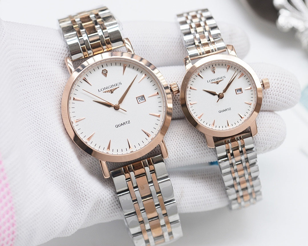 Analog wristwatch pair with rose-gold cases, white dials, and metal link bracelets