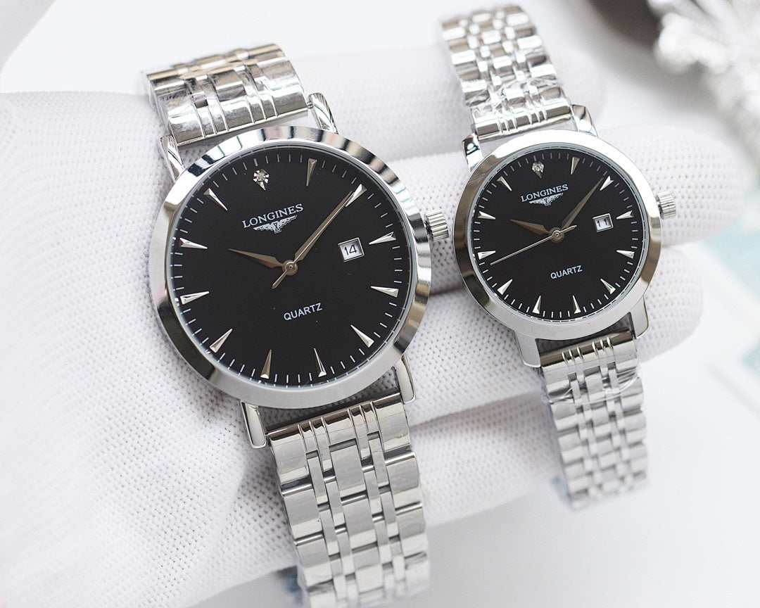 Pair of stainless-steel Longines wristwatches with black dials and metal link bands