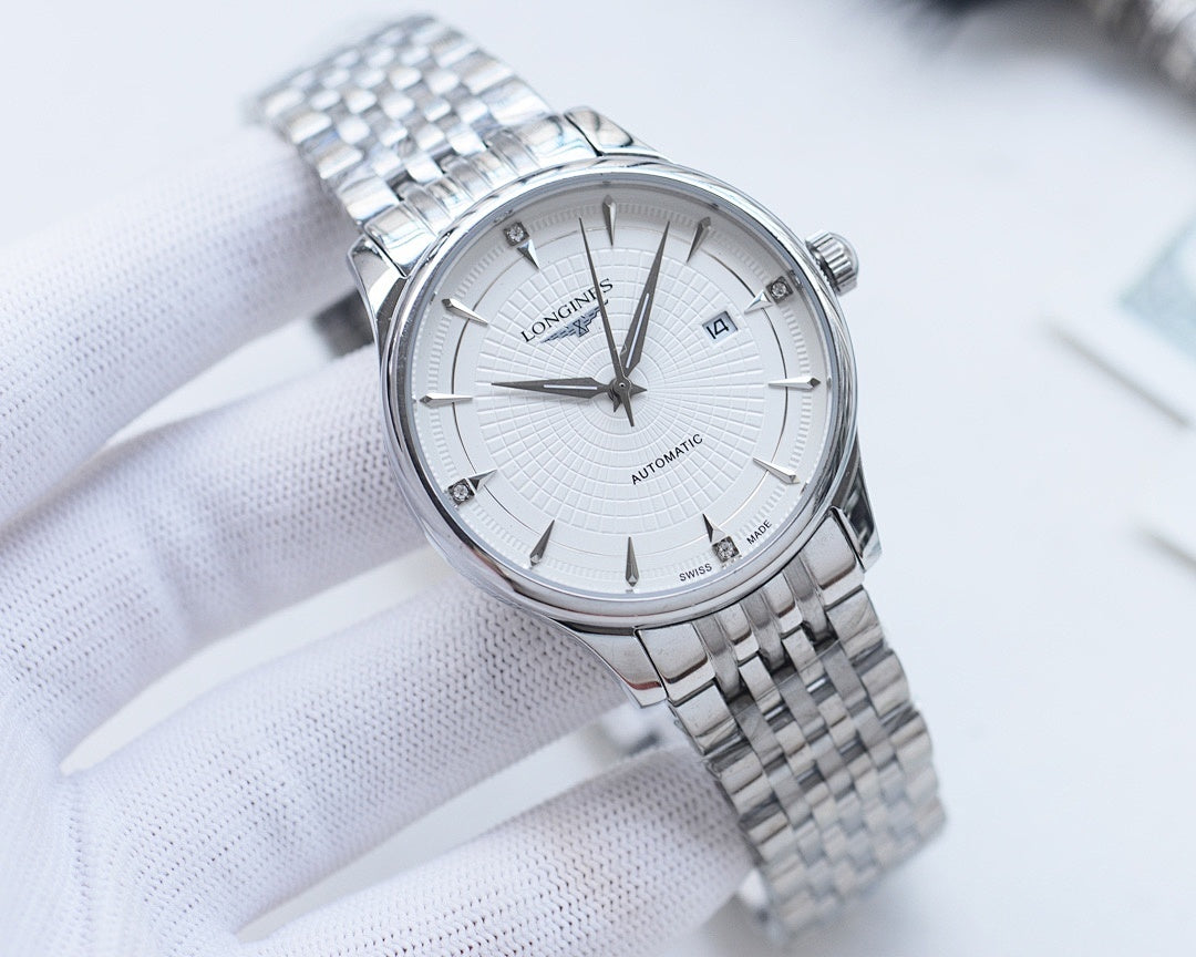 Longines automatic wristwatch with light dial and steel link bracelet, round case