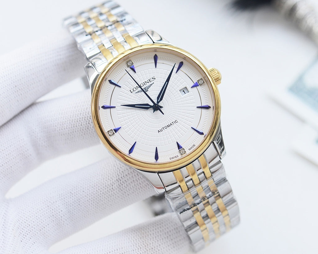 Longines automatic wristwatch with white dial, blue accents, two-tone bezel and bracelet