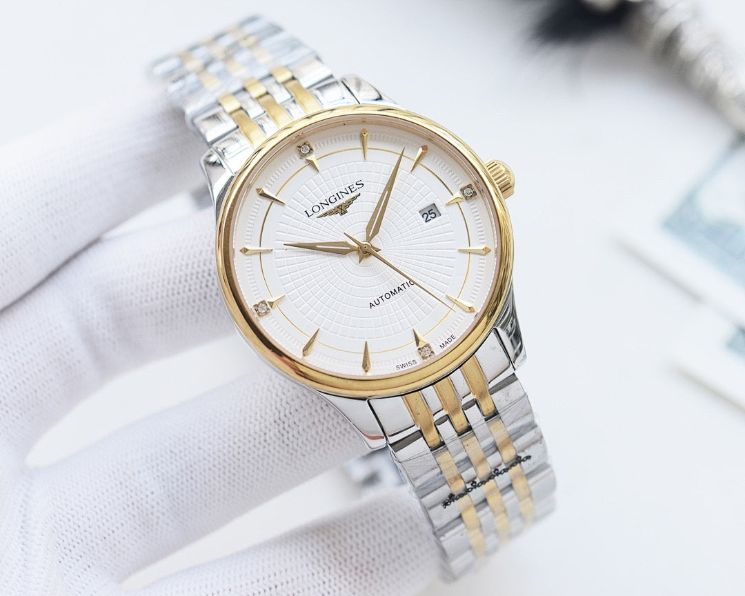 Longines automatic wristwatch with white dial and two-tone gold bezel, steel bracelet