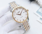 Longines automatic wristwatch with white dial, gold bezel, and steel-and-gold link bracelet