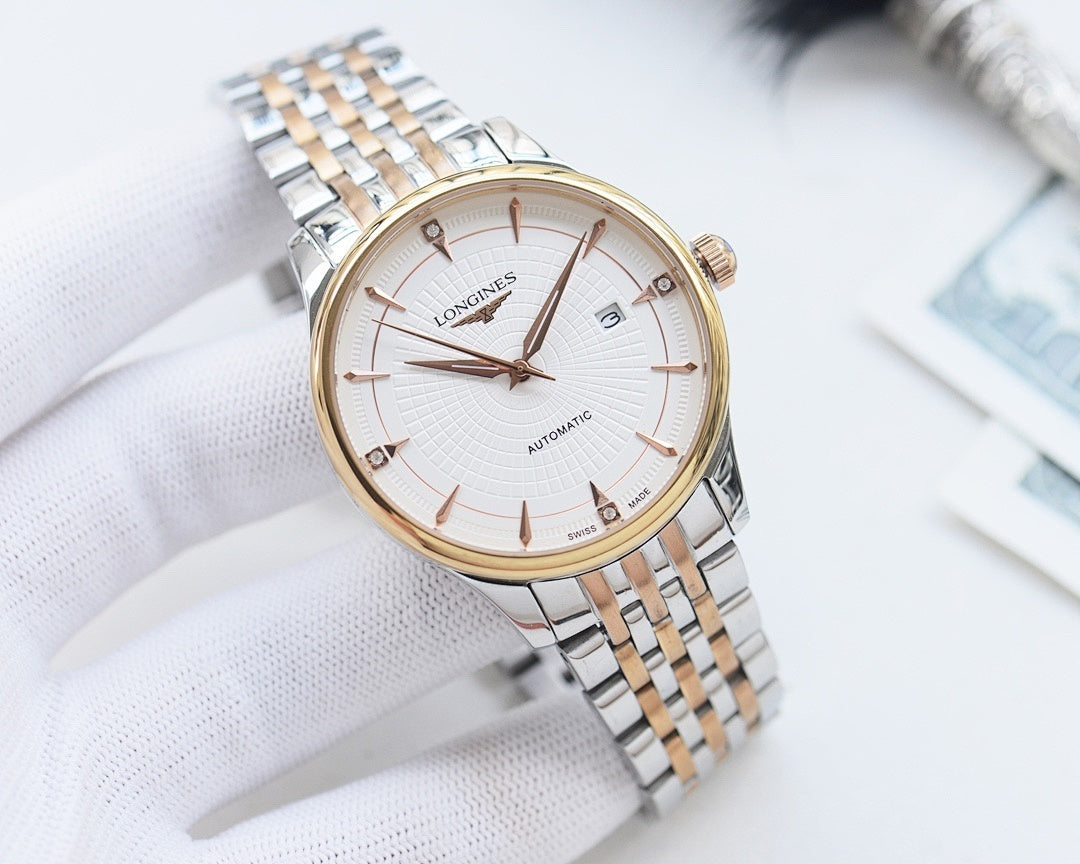 Longines automatic wristwatch with white dial, gold bezel, and steel-and-gold link bracelet