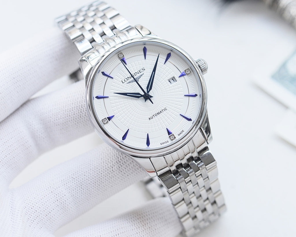 Longines automatic wristwatch with white dial and blue accents, steel link bracelet