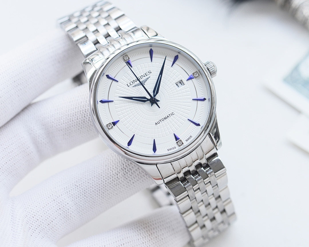 Longines automatic wristwatch with white dial and blue accents, steel link bracelet