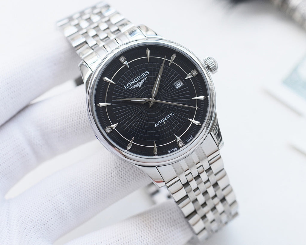 Longines automatic wristwatch with black dial and steel link bracelet, round case