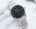 Longines automatic wristwatch with black dial and steel link bracelet, round case