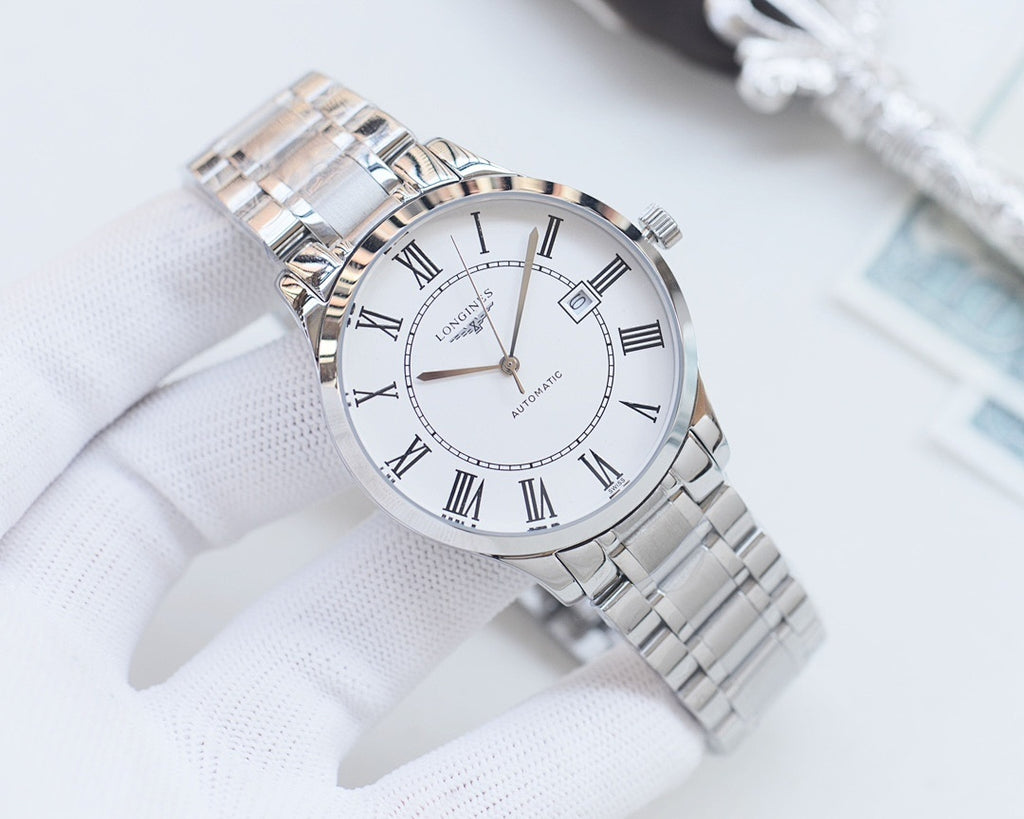 Longines two-tone metal wristwatch with white dial, roman numeral hands and gold accents