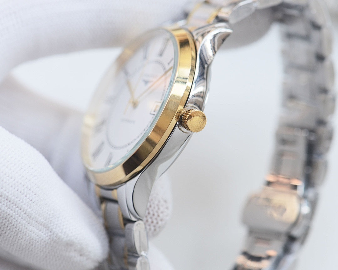 Longines gold-accent wristwatch with crown on round case and metal link bracelet