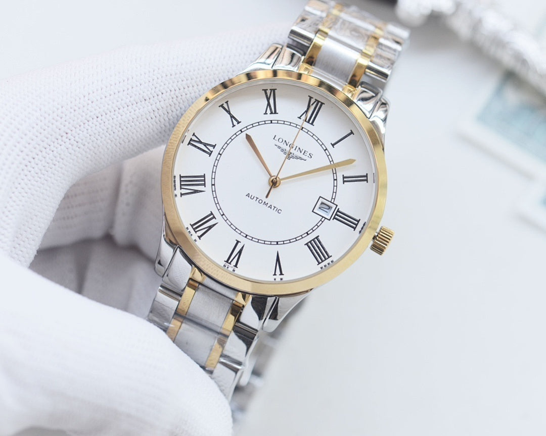 Longines two-tone wristwatch with white dial, Roman numerals, and gold minute track