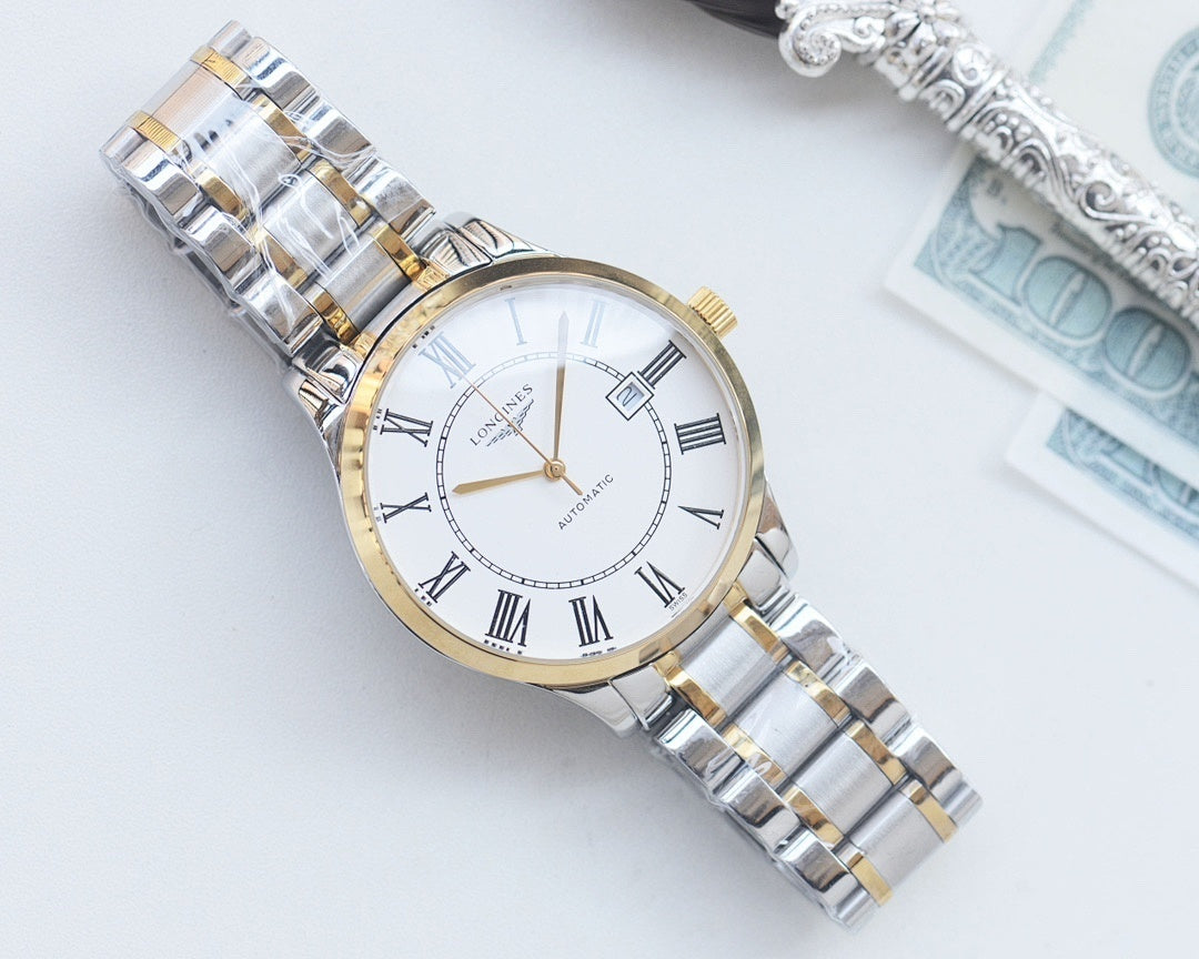 Longines two-tone metal wristwatch with white dial and gold bezel on bracelet