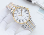 Longines two-tone metal wristwatch with white dial and gold bezel, Roman numeral markers